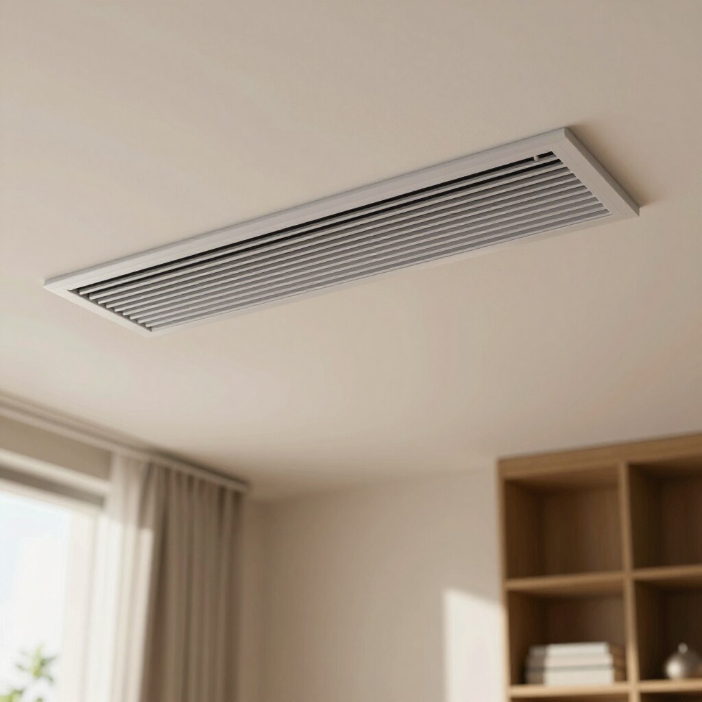 A slim ducted air conditioning vent set discreetly into the ceiling of a modern room